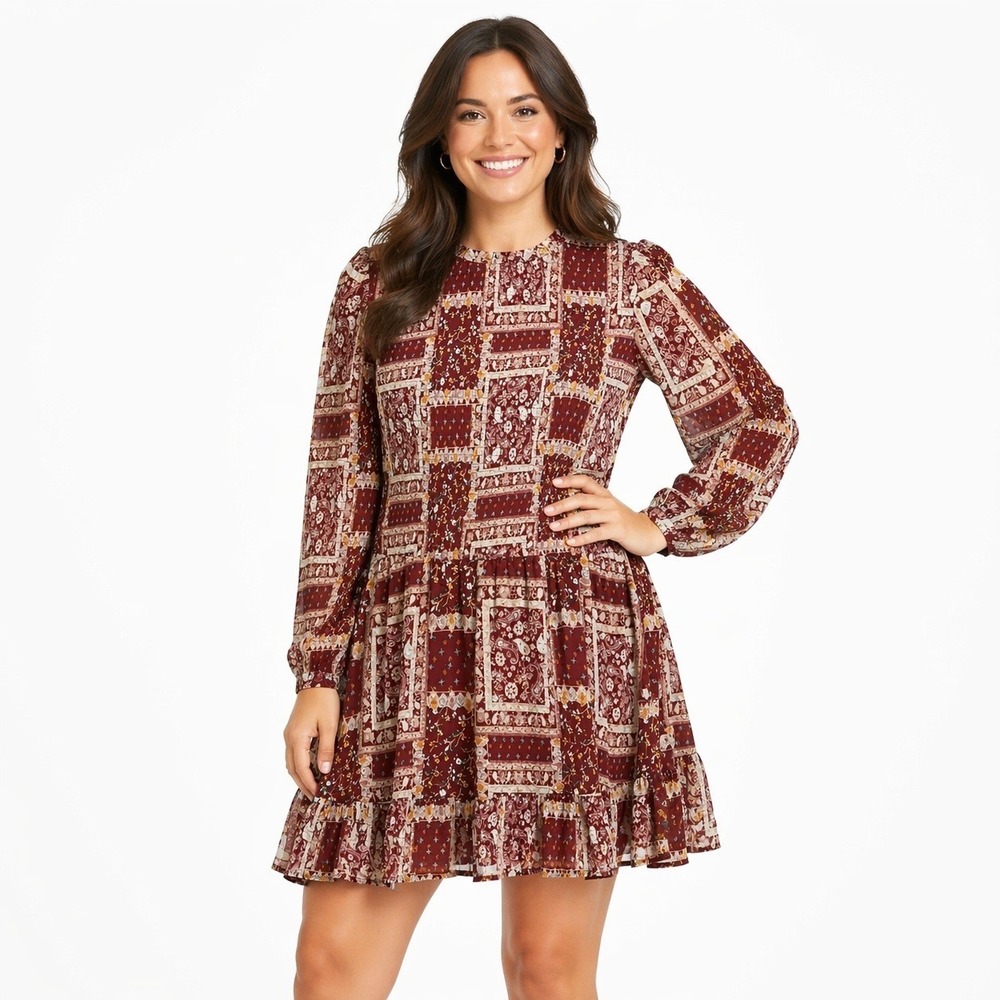 Row A Brown Floral Smocked Mini Dress XL Long Puff Sleeve Cottagecore Romantic